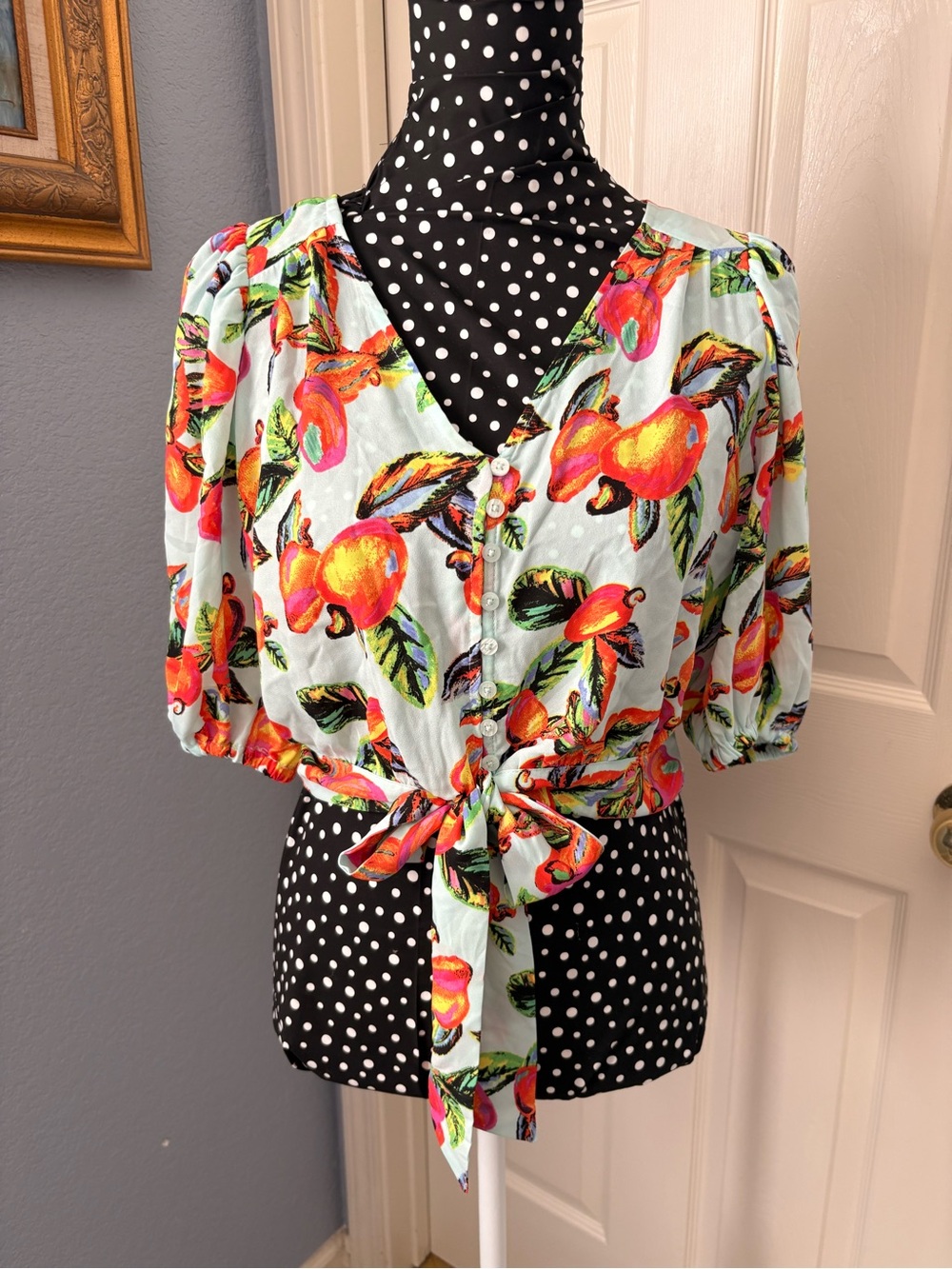 Joie Mint Button-Front Tie Waist Blouse with Coral Peach Print